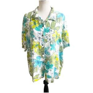 Hot Cotton Women 2X Linen Floral Button Down Shirt Collared Short Sleeve Beachy